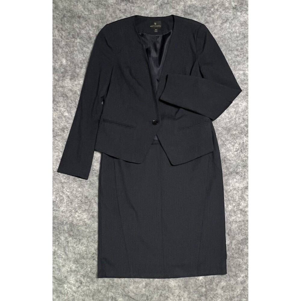 Worthington Pinstripe Skirt Suit Womens 2P Navy Blue Structured Interview Office